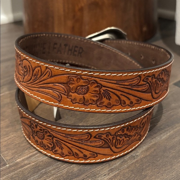 Montauk Genuine Leather Tooled Western Rodeo,filigree buckle,single stitch edge - Picture 2 of 11